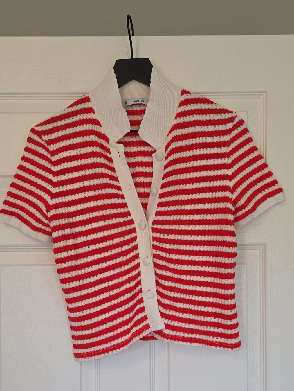 Mango Red and White Striped Knit Polo